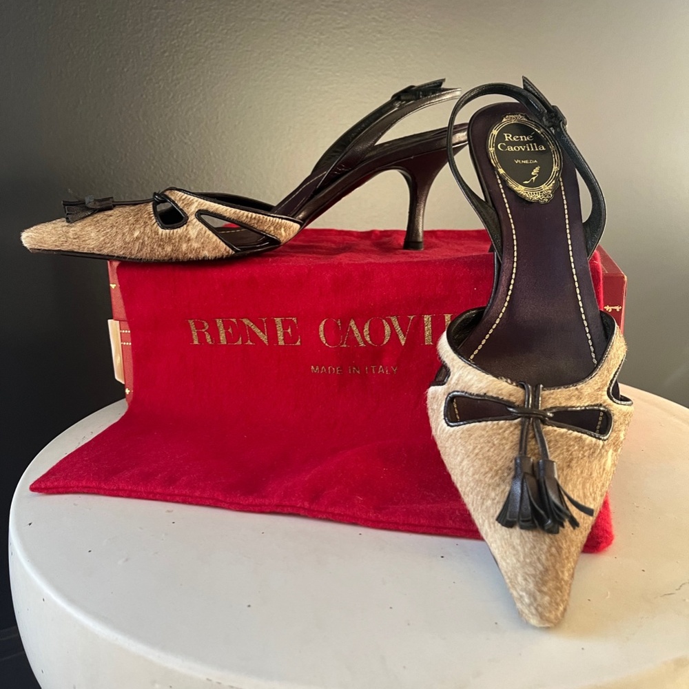 Rene Caovilla Beige and Black Pointed Toe Slingback Heels